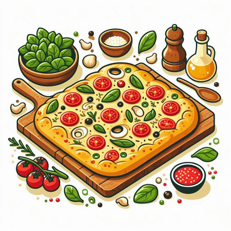 Pizza with mozzarella cheese, tomatoes, olives and basil. Vector illustrationのイラスト素材