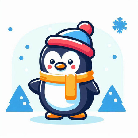 Cute penguin in winter hat and scarf. Vector illustration.のイラスト素材