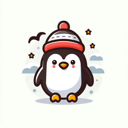 Cute penguin in winter hat and scarf. Vector illustration.のイラスト素材