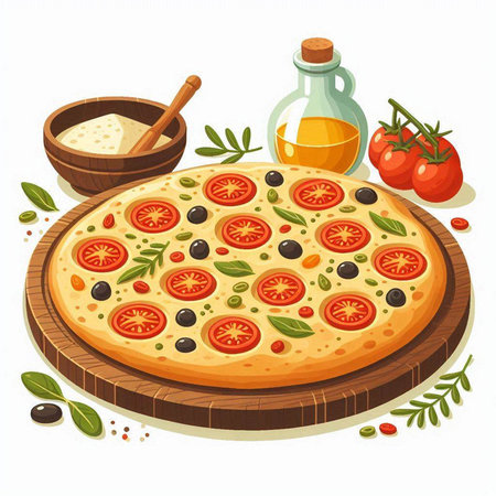 Pizza with tomatoes, olives and olive oil. Vector illustrationのイラスト素材