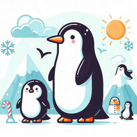 Cute penguin family on snow background. Cartoon vector illustration.のイラスト素材