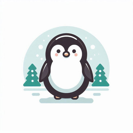 Cute penguin with christmas tree and snow. Vector illustration.のイラスト素材