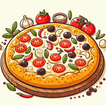 Pizza with tomatoes, olives and mozzarella. Vector illustrationのイラスト素材