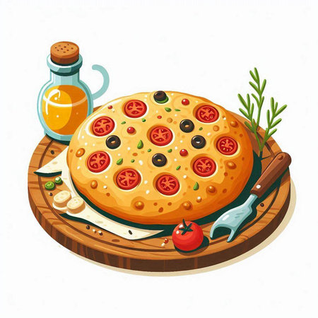Illustration of a pizza with tomatoes, olives and rosemaryのイラスト素材