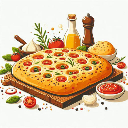 Illustration of a pizza on a wooden board with ingredients for cookingのイラスト素材