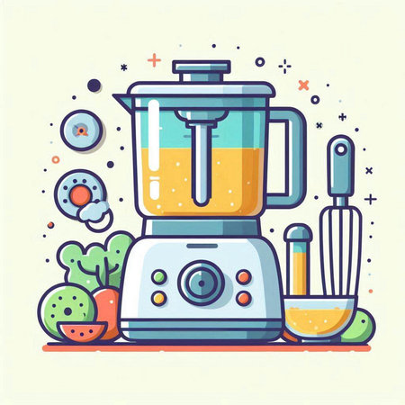 Kitchen blender with fruits and vegetables. Colorful flat vector illustration.のイラスト素材