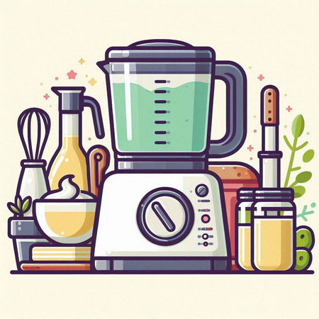 Kitchen appliances. Blender, juicer, mixer, blender, saucepan, whisk. Vector illustration.のイラスト素材