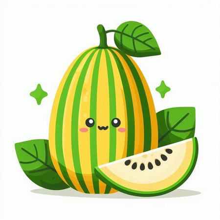 Cute cartoon watermelon character with green leaves. Vector illustration.のイラスト素材