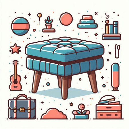 Furniture and interior elements in line art style. Vector illustration.のイラスト素材