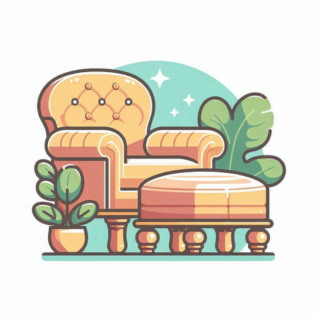 Comfortable armchair with pillows and potted plant. Vector illustration.のイラスト素材
