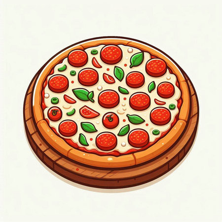 Pizza with salami and mozzarella, vector illustration.のイラスト素材