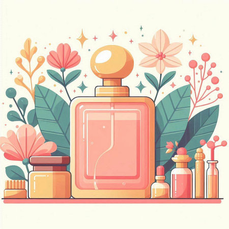 Bottle of perfume with flowers. Vector illustration in flat style.のイラスト素材