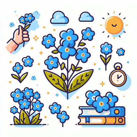 Flower icon set in flat line style. Vector illustration with blue forget-me-not flowers, clock, books, sun and clouds.のイラスト素材