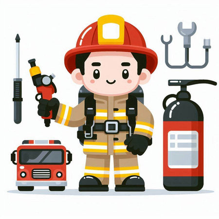 Fireman with fire extinguisher and firetruck vector illustration.のイラスト素材