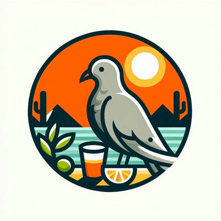 Pigeon with a glass of juice in the desert. Vector illustration.のイラスト素材