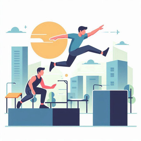 Man jumping over obstacles in the city. Vector illustration in flat styleのイラスト素材