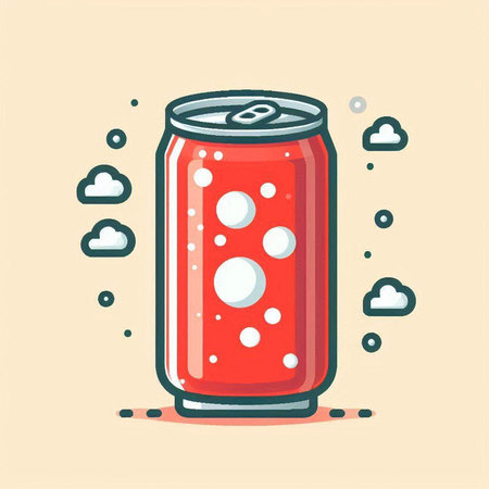 Illustration of a red soda can with bubbles and clouds on a light backgroundのイラスト素材