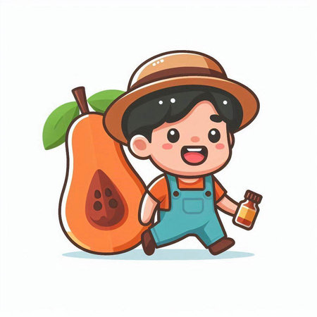 Cute farmer with papaya and bottle of milk. Vector illustration.のイラスト素材