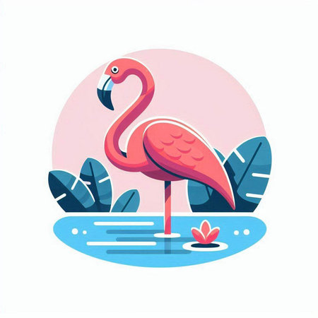 Pink flamingo on the beach. Vector illustration in flat style.のイラスト素材