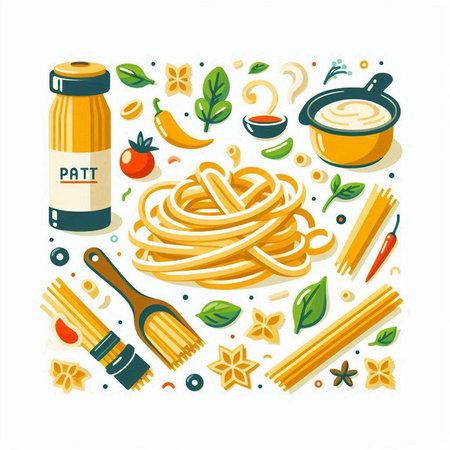 Spaghetti with ingredients for cooking. Vector illustration in flat style.のイラスト素材