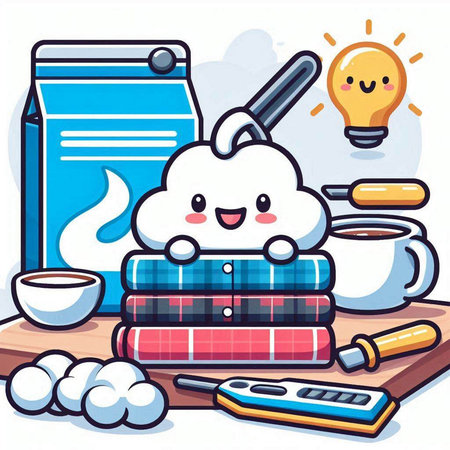 Illustration of a Cute Cloud Surrounded by Books and Coffeeのイラスト素材