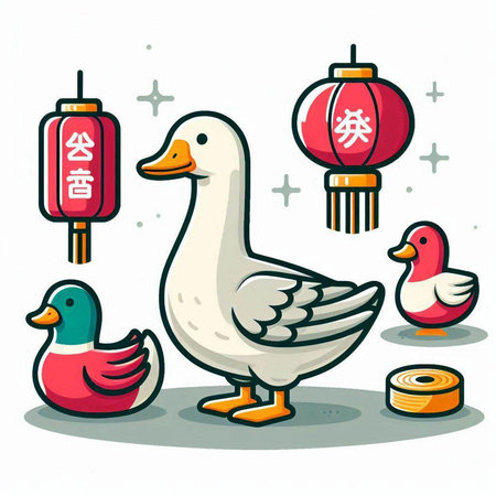 Vector illustration of a Chinese new year greeting card with duck and ducklingのイラスト素材
