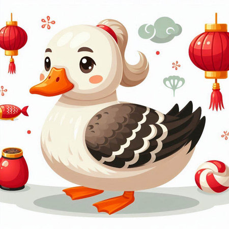 Illustration of a cute duck and Chinese New Year decorations on a white backgroundのイラスト素材