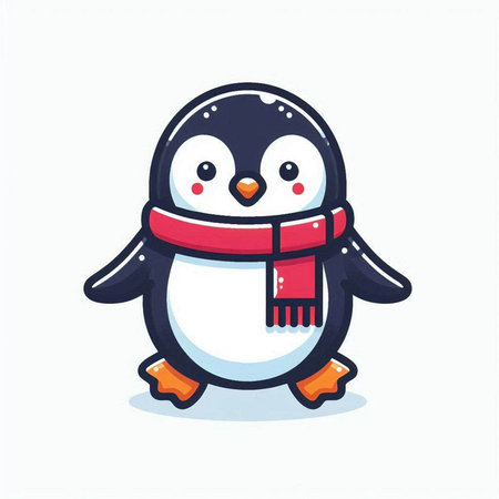 Cute penguin wearing scarf isolated on white background. Vector illustration.のイラスト素材
