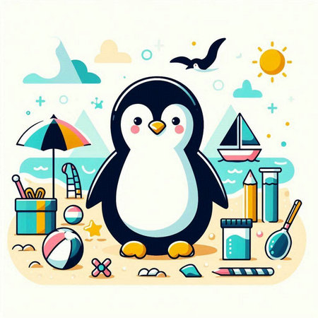 Cute penguin on the beach. Vector illustration in flat styleのイラスト素材