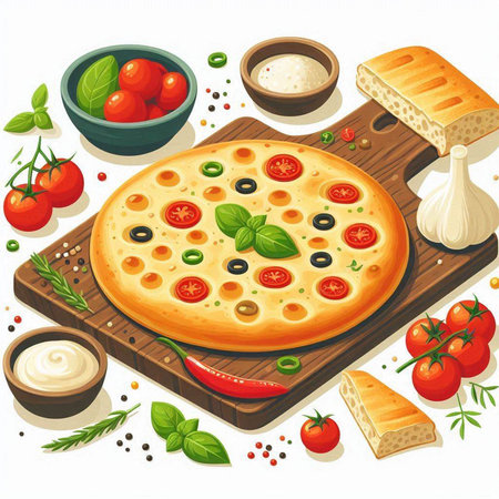 Illustration of pizza with tomato, olives, cheese and herbsのイラスト素材