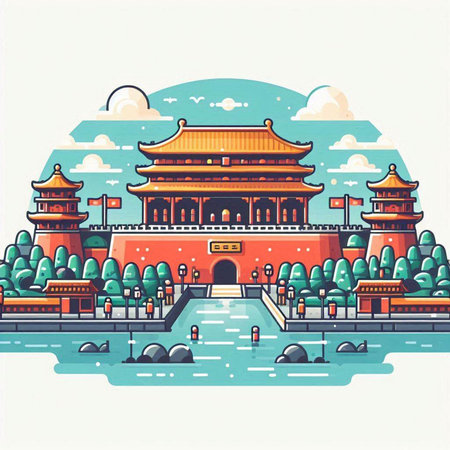 Ancient Chinese temple in Beijing, China. Vector illustration in flat styleのイラスト素材