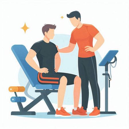 Man doing physical exercises with personal trainer. Vector illustration in cartoon styleのイラスト素材
