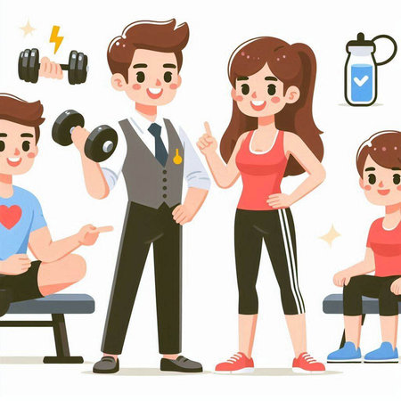 Man and woman doing exercises with dumbbells. Cartoon vector illustration.のイラスト素材