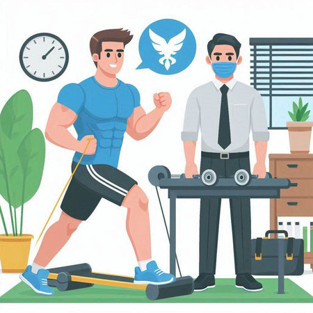Vector illustration of a man doing physical exercises at home. A man in a medical mask with a prosthetic leg.のイラスト素材