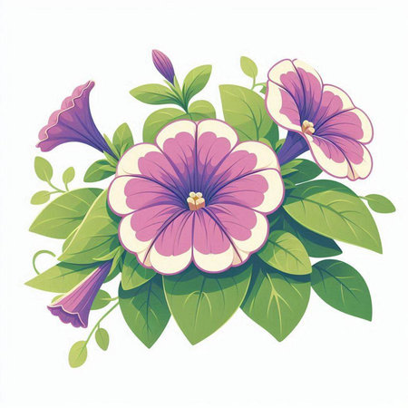 Illustration of pink and purple flowers with green leaves on white backgroundのイラスト素材