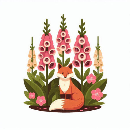 Fox and foxes in the garden. Vector illustration in flat styleのイラスト素材