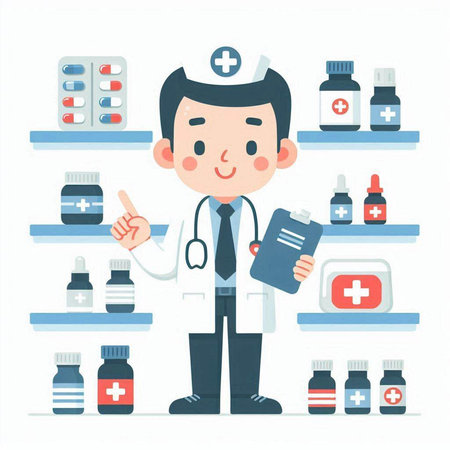 Male doctor standing in front of shelves with various medicines. Vector illustration.のイラスト素材