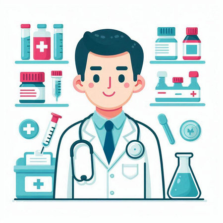 Doctor and medical icons set. Vector illustration in flat cartoon style.のイラスト素材