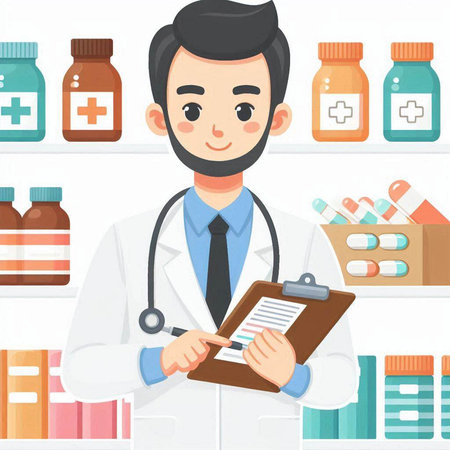 Male doctor writing prescription on clipboard in the drugstore vector illustration.のイラスト素材