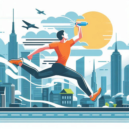 Vector illustration of a young man running on the city street. Sport concept.のイラスト素材