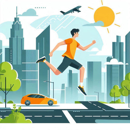 Running man in the city. Sport, healthy lifestyle concept. Vector illustrationのイラスト素材