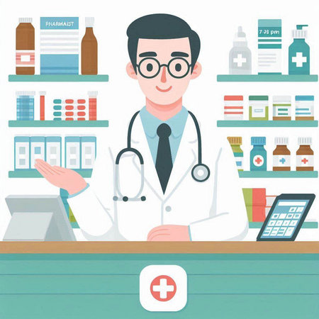Male pharmacist standing at counter in drugstore. Vector illustration.のイラスト素材