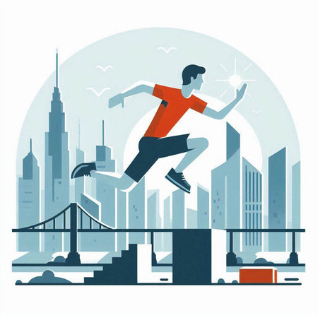Man jumping in the city. Vector illustration in flat design style.のイラスト素材