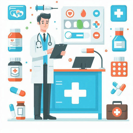 Doctor with stethoscope and clipboard. Flat style vector illustration.のイラスト素材