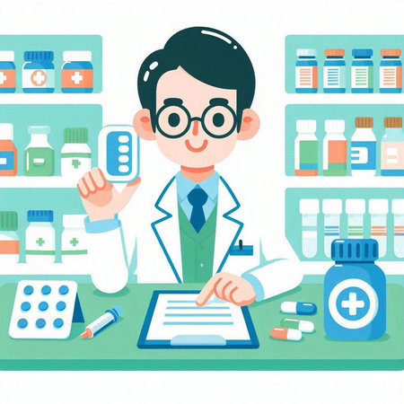Male pharmacist sitting at the counter in the drugstore vector illustration.のイラスト素材