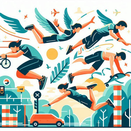 Sporty people running in the park. Flat style vector illustration.のイラスト素材