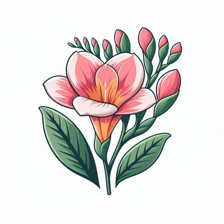 Beautiful hand drawn vector illustration of a bouquet of pink flowers with green leaves.のイラスト素材