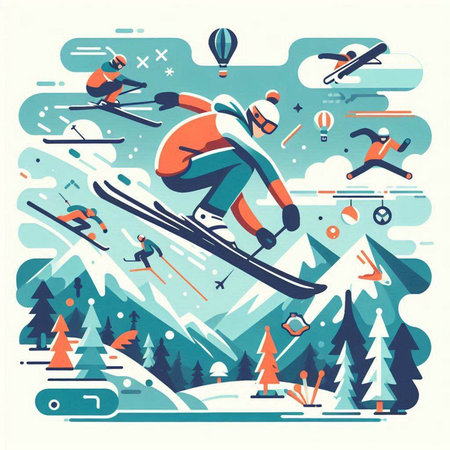 Vector illustration of skier jumping from mountain to forest. Winter sport.のイラスト素材