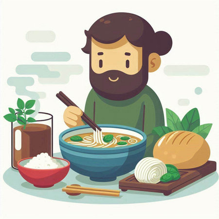 Illustration of a Man Eating Noodle Soup with Rice and Breadのイラスト素材