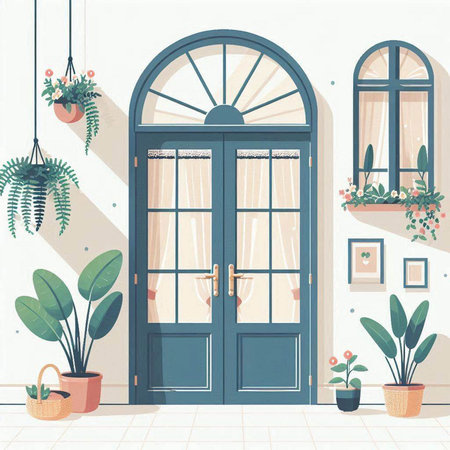 Flat vector illustration of a wooden door with plants in pots.のイラスト素材